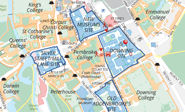 Map of central Cambridge showing Downing Site in between the New Museums Site in the North, Emmanuel College in the East, Downing College in the South and Pembroke College in the West.